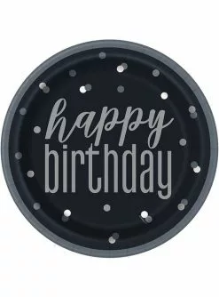 8 "Happy Birthday" Pappteller Schwarz (23 Cm) - Black & Silver Glitz